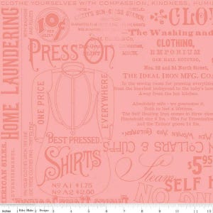 SALE Press On Pressing Matters C15259 Pink - Riley Blake Designs - Vintage Iron Text Words - J. Wecker Frisch - Quilting Cotton Fabric