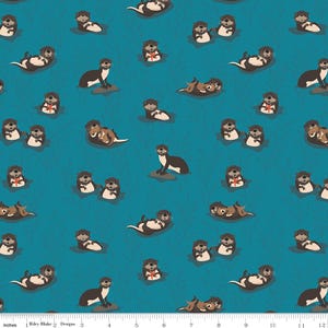 May include: A teal fabric featuring a repeating pattern of cartoon otters in various poses. Some otters are standing, others are lying down, and some are holding gifts. The otters are brown, white, and black. The fabric is measured in inches.