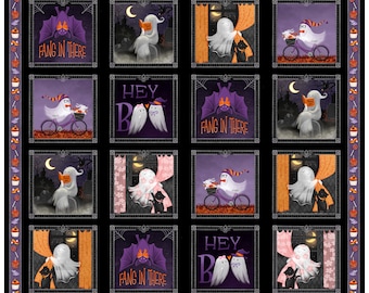 Ghost Tales Ghost Picture Patches Panel Multi Black Halloween Fabric - 31925 - QT Fabrics Quilting Cotton Fabric