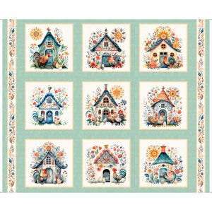May include: A white fabric with a repeating pattern of nine colorful, whimsical houses with flowers, sunflowers, and roosters. Each house has a blue roof and white walls with intricate details. The background is a light green.