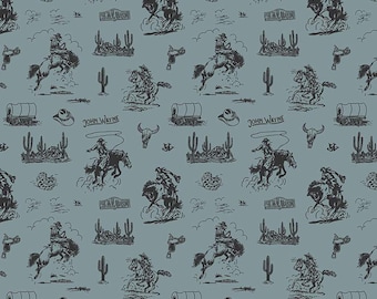 John Wayne Courage Cowboys C14302 Storm - Riley Blake Designs - Western Horses Saddles Wagons - Quilting Cotton Fabric - Licensed Product