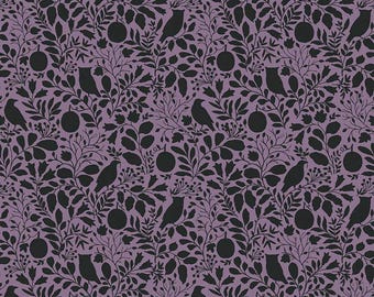 May include: Purple fabric with a black repeating pattern of birds, leaves, and pumpkins. The fabric is designed by Riley Blake Designs.