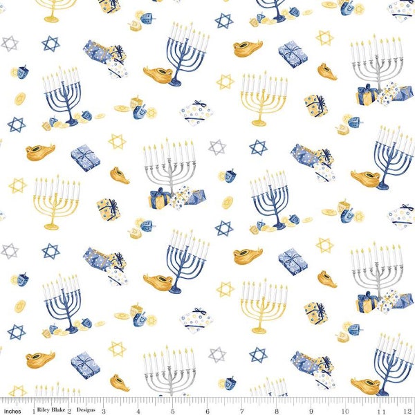 Hanukkah Nights Main C13430 White - Riley Blake Designs - Menorahs Gifts Stars of David Dreidels - Quilting Cotton Fabric