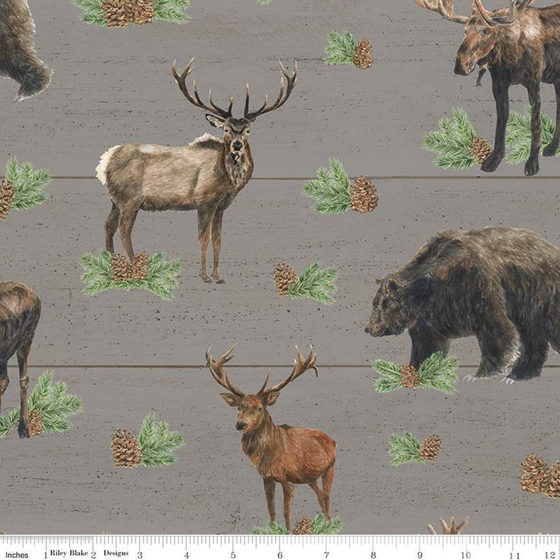 Quilting Cotton Fabric Send Me to the Woods Main Gray Wildlife Outdoors Animals Bear Deer Moose Pinecones Riley Blake Designs