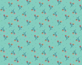 May include: A fabric with a repeating floral pattern. The design features small orange and pink flowers with green stems on a light teal background. Tiny teal crosses are scattered throughout the design.