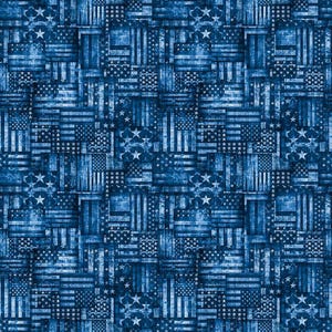 May include: A repeating fabric pattern featuring a distressed, monochromatic blue design of the American flag. The print consists of overlapping rectangular segments displaying stars and stripes in varying shades of navy and royal blue.