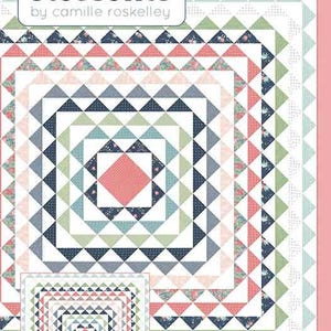 May include: A quilt pattern featuring a geometric design with triangles in shades of pink, blue, green, and navy on a white background. The text "thimble blossoms" and "GRANNY" are visible. The pattern is by Camille Roskelley.