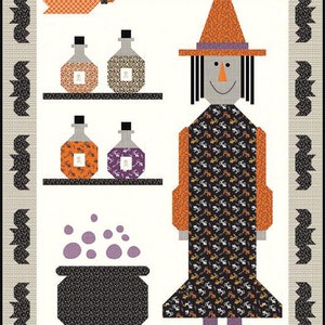 May include: A witch with a black and orange dress and a purple hat stands in front of a shelf with four potion bottles. A cauldron with purple bubbles sits below the shelf. The background is white with a black and white bat border.