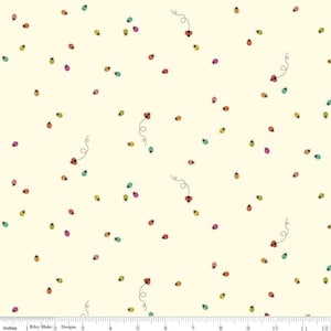 May include: Cream-colored fabric with a repeating pattern of colorful ladybugs. The ladybugs are in various colors, including red, yellow, green, and pink, scattered across the surface. Some ladybugs are clustered near whimsical, curved lines.