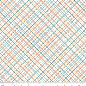 May include: A white fabric with a plaid pattern in shades of peach, yellow, and teal. The fabric is measured in inches.