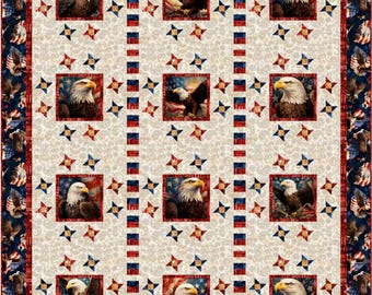 SALE Stars Around Quilt Kit - QT Fabrics - Pattern Fabric - Patriotic Bald Eagle USA - Quilting Cotton Fabric - Panel Quilt