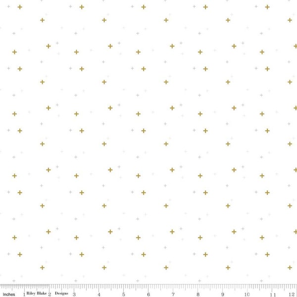 Sparkler SC650 White SPARKLE - Riley Blake Designs - Plus Signs Gold SPARKLE Metallic - Quilting Cotton Fabric