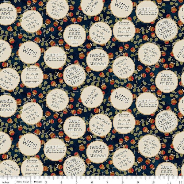 SALE Stitchy Birds Hoops C12602 Midnight by Riley Blake - Sewing Embroidery Folk Art Flowers Cross-Stitch Text - Quilting Cotton Fabric