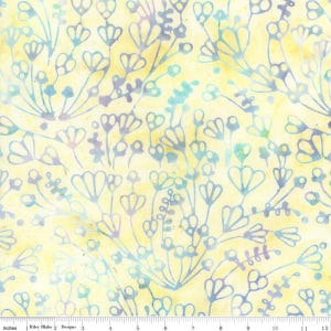May include: A yellow fabric with a blue floral pattern. The fabric has a watercolor effect and is perfect for quilting, crafts, and home decor.