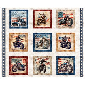 May include: A fabric panel featuring nine square images of motorcycles with riders, set against a backdrop of the American flag. The images are framed in blue, red, and brown, with a distressed, vintage aesthetic. The panel has a star-patterned border.