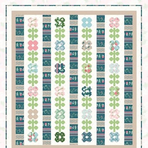 May include: A quilt pattern titled "Warm Wishes" with a floral design. The quilt features vertical stripes with alternating floral and patterned blocks in shades of pink, green, blue, and beige. The quilt size is 66" x 72".