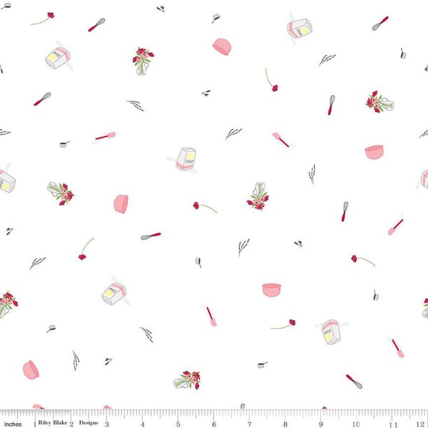 CLEARANCE Flour and Flower Kitchen Tools C14015 White by Riley Blake  - Baking Items Flowers - Quilting Cotton