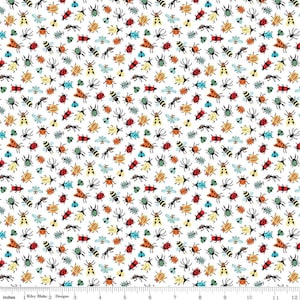 May include: White fabric with a repeating pattern of colorful insects, including bees, ladybugs, and ants. The insects are in shades of red, yellow, orange, blue, and green. The fabric is measured in inches.