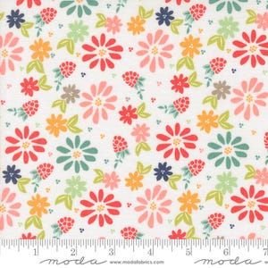 May include: White fabric with a repeating pattern of colorful flowers and leaves. The flowers are in shades of pink, red, orange, yellow, green, and blue. The leaves are green. The fabric is 44 inches wide.
