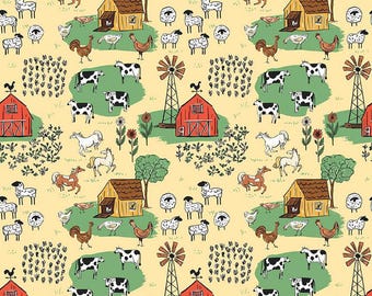 OFERTA Farm Livin' Main C15180 Sunshine - Riley Blake Designs - Granero Árboles Vaca Caballo Oveja Pollo Pato Gallo - Tela de algodón para acolchado