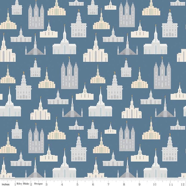 Called to Serve Temple Blue SPARKLE - Riley Blake Designs - Missionary Mission Temples  Gold SPARKLE - Quilting Cotton Fabric