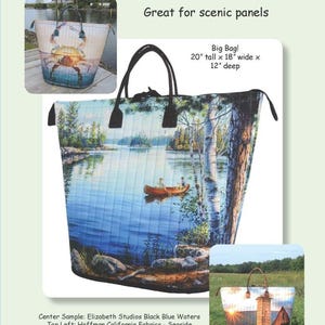 May include: A large tote bag with a scenic landscape design. The bag is 20 inches tall, 18 inches wide, and 12 inches deep. The main image features a lake scene with a canoe. The bag has black handles and the text "AUNTIES TWO PATTERNS HAPPY HAULER".