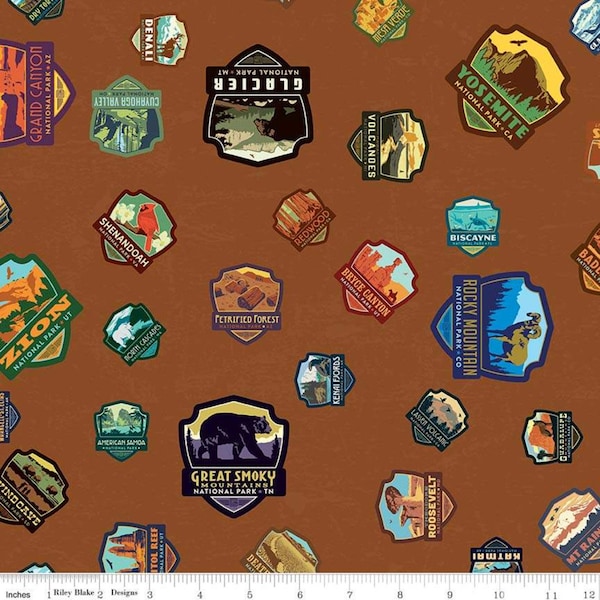 SALE National Parks Patches Light Brown - Riley Blake Designs - Outdoors Recreation - Quilting Cotton Fabric