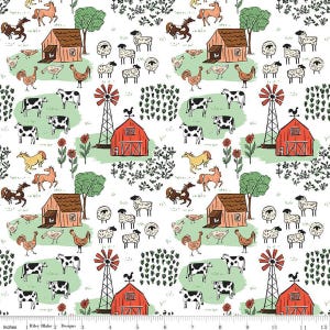 Farm Livin&#39; Main C15180 White - Riley Blake Designs - Barn Trees Cow Horse Sheep Chicken Duck Rooster - Quilting Cotton Fabric