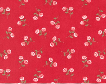 Vintage Cotton Fabric 40s50s PRETTY Red Roses Rosebuds Faux Quilting 35w 1yd 