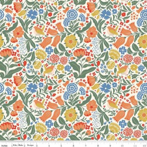 May include: A white fabric with a repeating pattern of colorful flowers, birds, and leaves. The pattern is a vintage style with a whimsical feel.