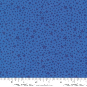 May include: Blue fabric with a repeating pattern of small, dark blue stars. The fabric is shown with a ruler measuring 7 inches.