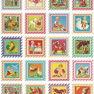 May include: A collection of 20 vintage-style square illustrations featuring children and farm animals. Each image is framed with a colorful border. Scenes include a baby with toys, a child with a lamb, and a child feeding a deer.