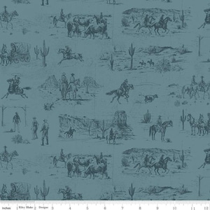 May include: Teal fabric with a vintage Western-themed design. The pattern features cowboys on horseback, cattle, cacti, and desert landscapes. The design is in a faded, sketched style, with the text "Riley Blake Designs" and inch measurements at the bottom.