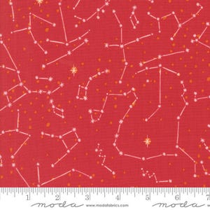 May include: Red fabric with a constellation pattern. White lines connect star-shaped dots, forming constellations against a red background. Small orange dots are scattered throughout. The fabric has a ruler along the bottom with the word "moda" and the website address.