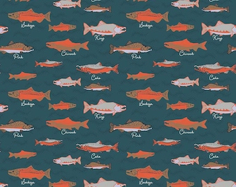 Alaska Salmon C16168 Coastal - Riley Blake Designs - Fish Water Text - Quilting Cotton Fabric