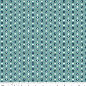 May include: A teal fabric with a repeating pattern of white and navy blue five-pointed stars. The stars are arranged in vertical rows with a dotted line between each row.