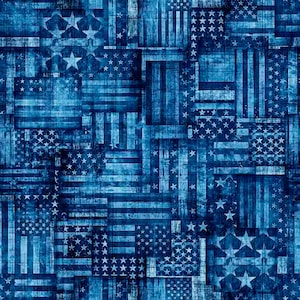 May include: A digitally rendered pattern featuring a distressed American flag design. The image is composed of various rectangular and square blocks, each displaying elements of the flag, including stars and stripes, in shades of blue and white.