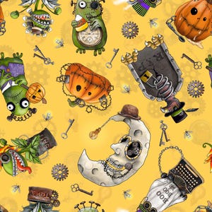 May include: A seamless pattern featuring a variety of Halloween-themed illustrations on a yellow background. The illustrations include a pumpkin, a monster, a skull, a tombstone, and a typewriter. The illustrations are all in a steampunk style, with gears, cogs, and other mechanical elements.