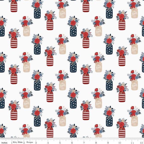 DEAL Red, White & True Vases C13182 Off White - Riley Blake Designs - Patriotic Floral Flowers Jars - Quilting Cotton Fabric