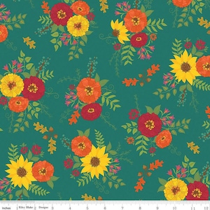 May include: Teal fabric with a repeating floral pattern. The design features bouquets of sunflowers, zinnias, and other flowers in shades of yellow, orange, and red, with green leaves and accents. The fabric is suitable for quilting and crafting.