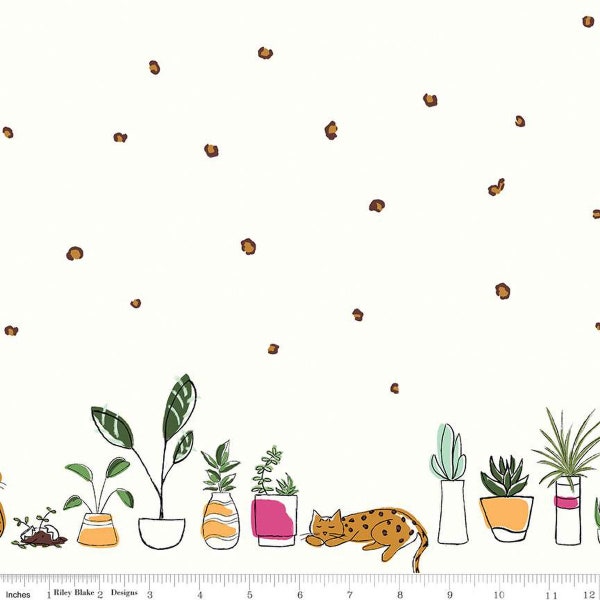 Leafy Keen Border Print SC12646 White SPARKLE - Riley Blake - Leopard Spots Cats Plants Antique Gold SPARKLE - Quilting Cotton Fabric