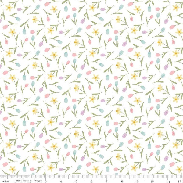 SALE Bunny Trail Tulip Toss C14254 White by Riley Blake Designs - Easter Floral Flowers Tulips - Quilting Cotton Fabric