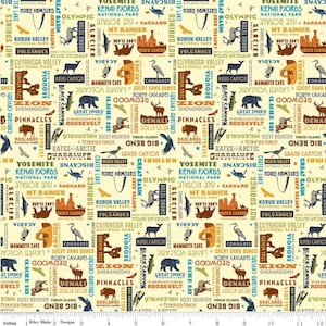 May include: Off-white fabric with a repeating pattern of national park names and illustrations. Features text like "Yosemite," "Denali," and "Grand Canyon," along with images of animals and landmarks.