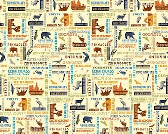 National Parks Word Print Cream - Riley Blake Designs - Outdoors Names Places Wildlife - Quilting Cotton Fabric