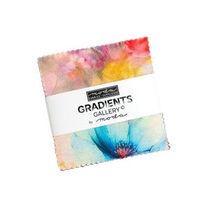 May include: A square stack of fabric squares with pinked edges, featuring a vibrant floral print in shades of yellow, orange, pink, and blue. A white paper band wraps around the center with the text Moda Fabrics Supplies Gradients Gallery by moda.