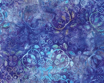May include: A blue and teal floral fabric with a batik design. The fabric features a repeating pattern of leaves and flowers.