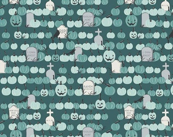 CLEARANCE Spooky Hollow Pumpkin Field C10575 Teal - Riley Blake - Halloween Pumpkins Headstones Blue Green -  Quilting Cotton Fabric