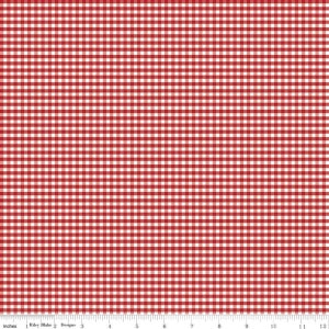 May include: Red and white gingham fabric with a repeating pattern of small squares. The fabric is 12 inches wide and is measured in inches.