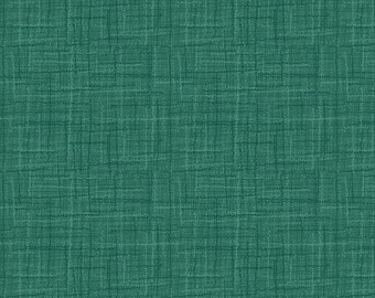 May include: Teal fabric with a textured appearance. The fabric has a grid-like pattern created by intersecting lines of varying shades of teal. The fabric is marked with inches along the bottom edge. The text "Riley Blake Designs" is visible.