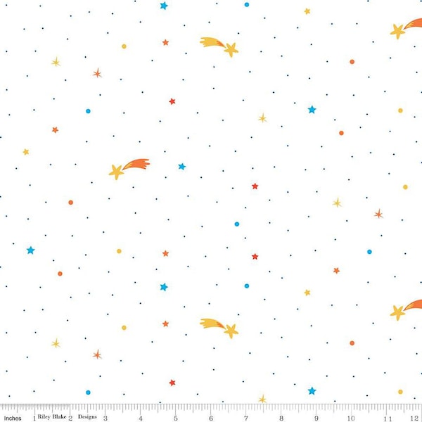 FLANNEL Blast Off Oh My Stars F12593 White - Riley Blake Designs - Shooting Stars Dots - FLANNEL Cotton Fabric